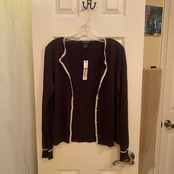 Ellen Tracy Brown Cardigan Sweater w/ Cream Trim - Picture 2 of 5